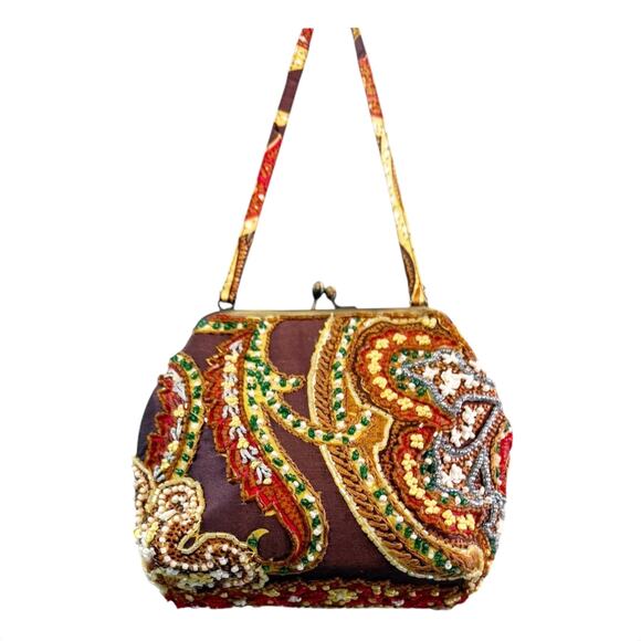 Santi Beaded Jewel Embellished Paisley Kiss Lock Mini Cocktail Party Bag Clutch - Picture 3 of 11